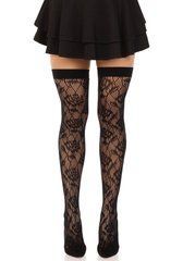 Панчохи Leg Avenue Wild rose net thigh highs, One Size, чорні, широка резинка, малюнок-троянди SX1042 фото