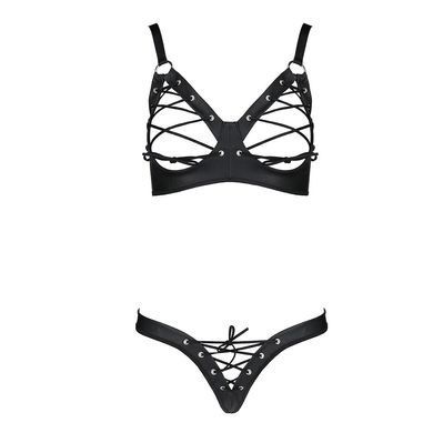 Комплект з екошкіри Celine Bikini black L/XL &mdash; Passion: відкритий бра зі стрічками, стрінги зі шнурі SO6400 фото