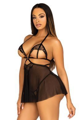 Сорочка бебі-дол з відкритими чашками Leg Avenue Lace and mesh babydoll & panty Black L, стринги SO9165 фото
